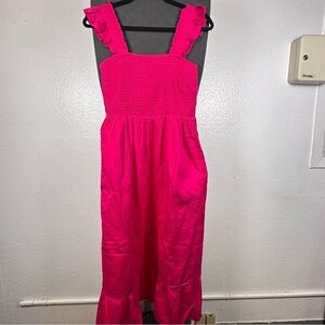 The Drop | Elegant Pink Midi Dress with Ruffle Straps